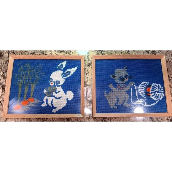 Vintage Two Needlepoint Art Complete Rabbit Kitten Cat Yarn Cross Stitch Framed - Picture 1 of 16